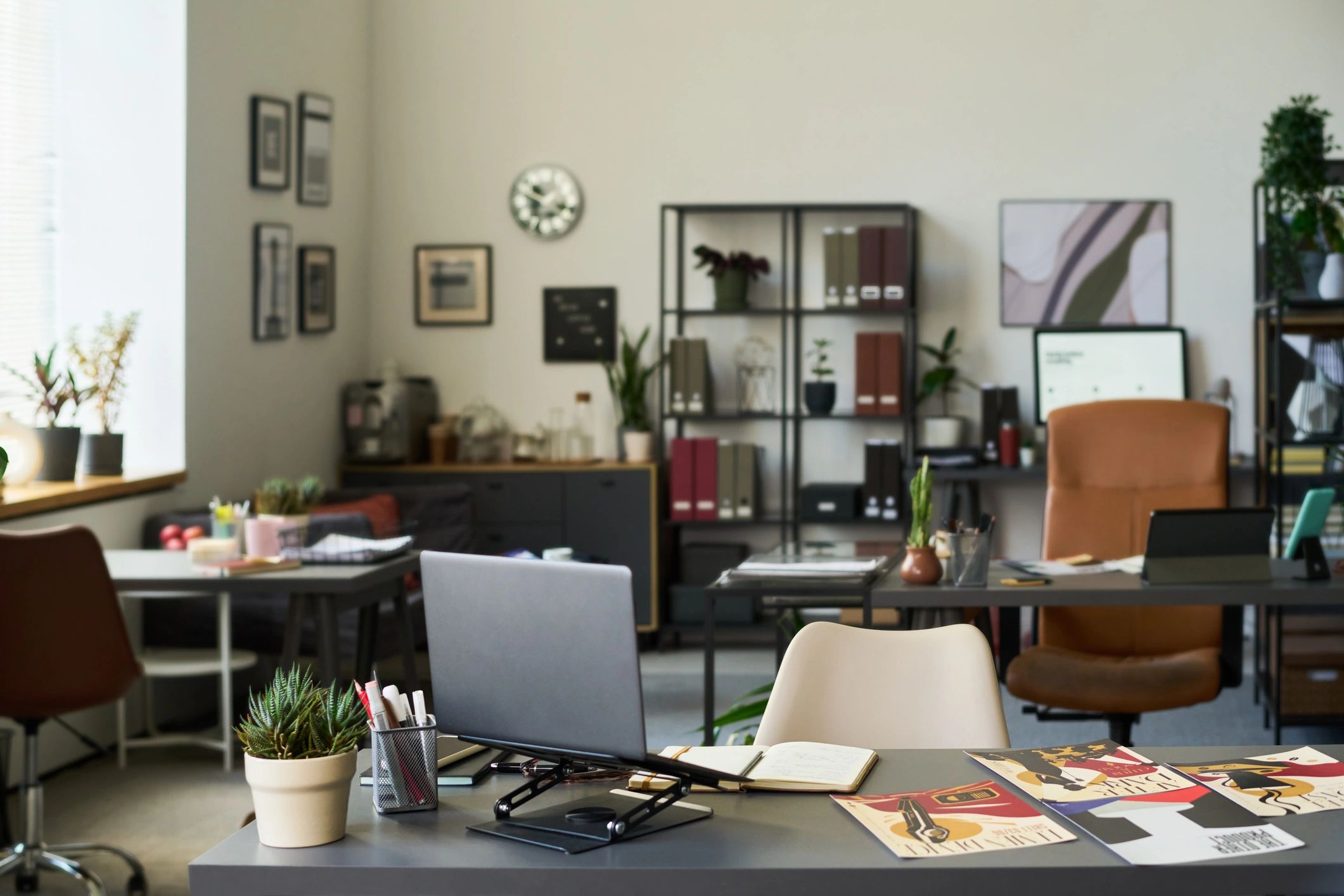 Modern office workspace with stationery and business supplies